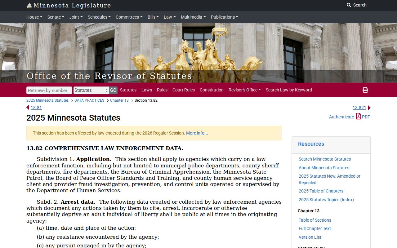 Minnesota arrest records law enforcement data statute