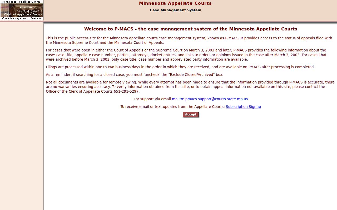 Minnesota court dockets in the appellate case search system