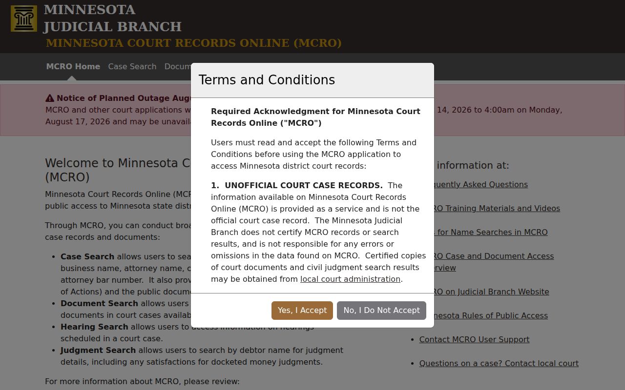 Minnesota court dockets search in the MCRO public portal