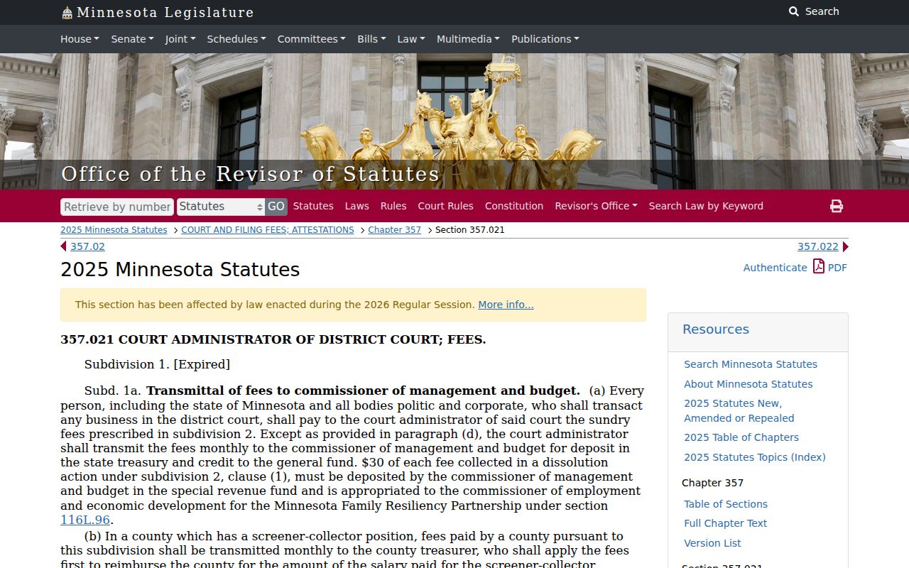 Minnesota court records District Court fee statute