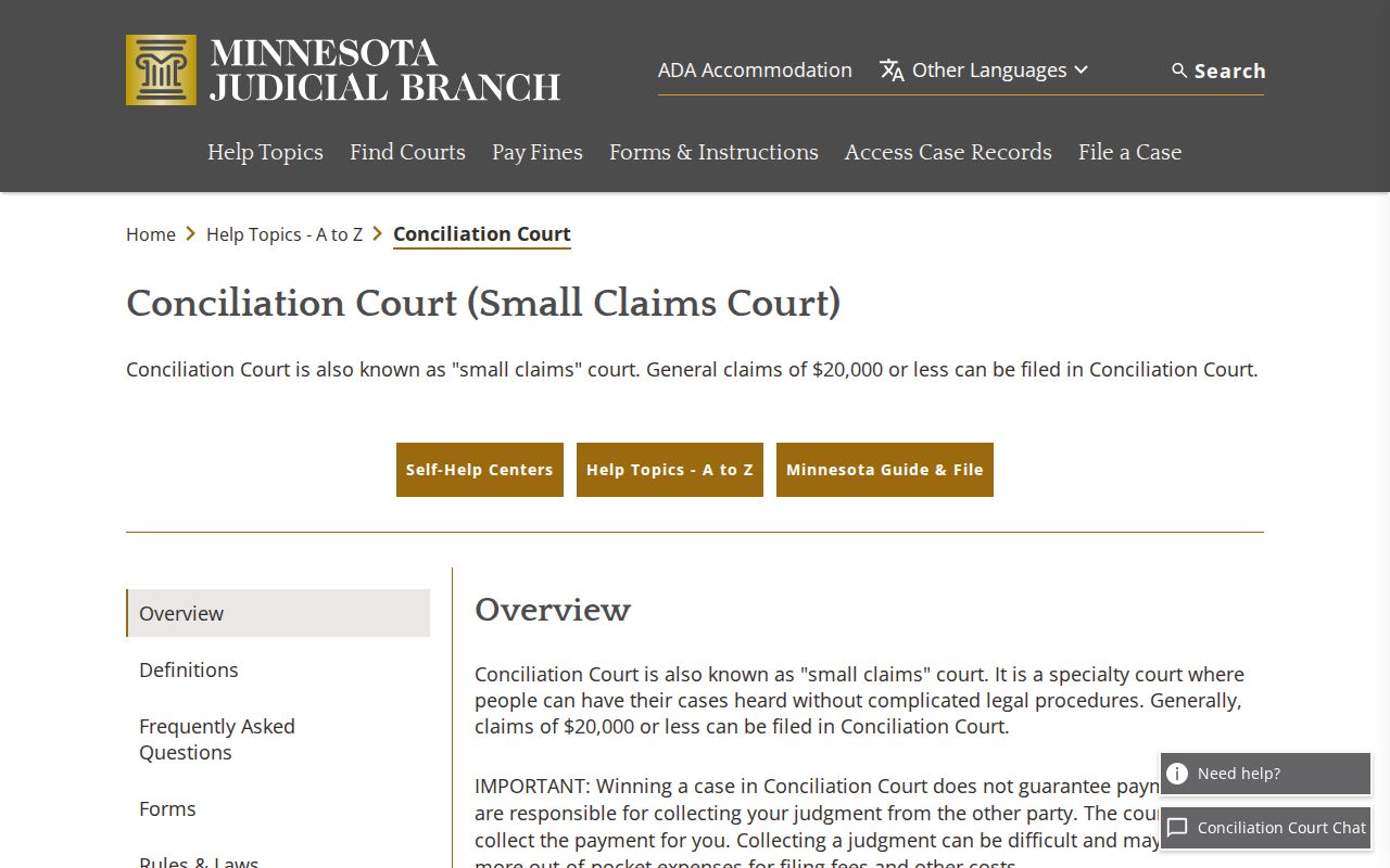 Minnesota court system Conciliation Court information