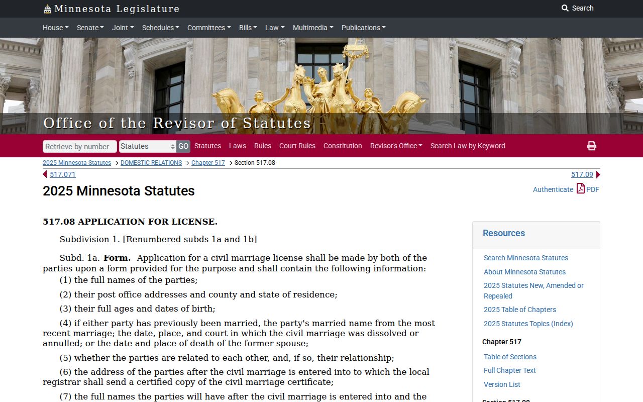 Minnesota marriage records and marriage license statute
