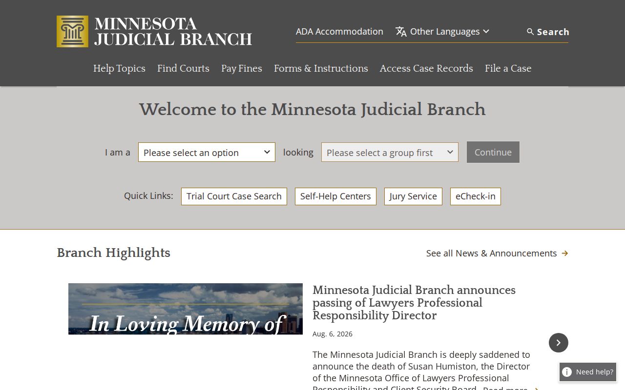 Minnesota court records Judicial Branch access page