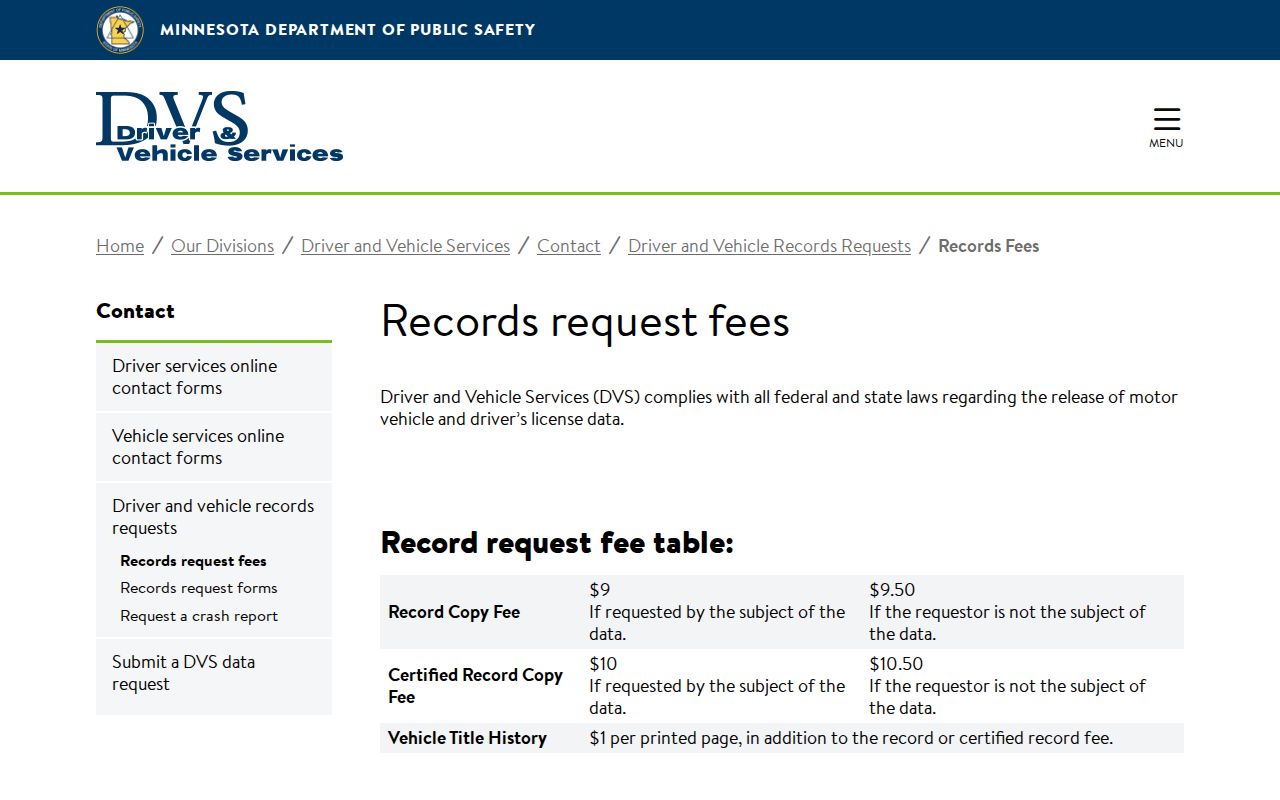 Minnesota traffic record and DVS request fees